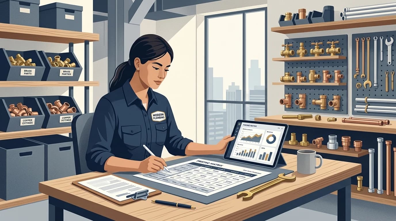 Plumbing business owner in a modern workshop analyzing tiered flat-rate pricing proposals on a tablet beside brass fittings and tools