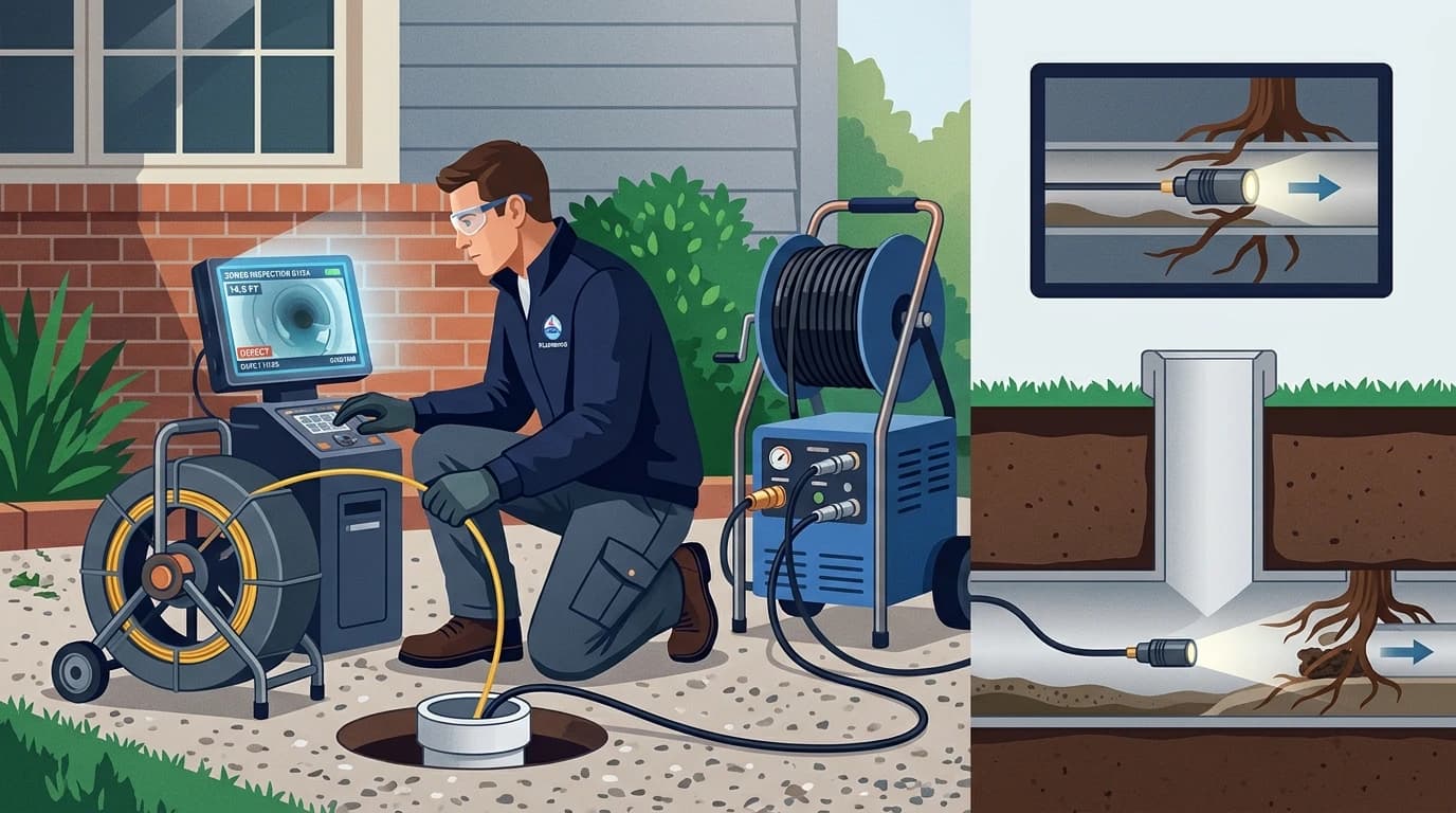 Plumbing technician operating a high-resolution digital sewer camera monitor and hydrojetting equipment beside an outdoor cleanout