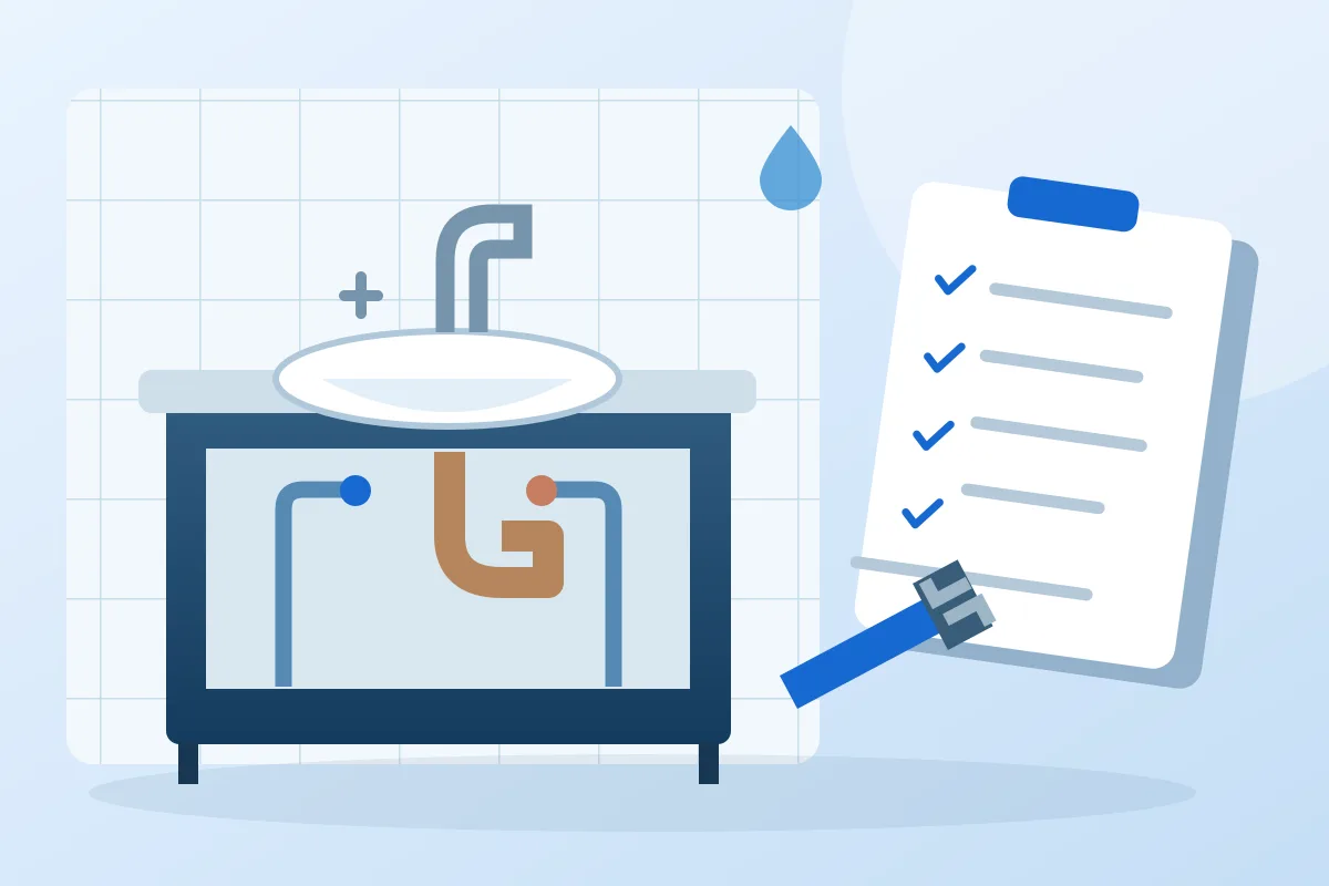 Editorial illustration of plumbing fixtures, pipework and a project checklist